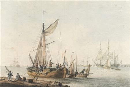 Dutch merchant boats on an estuary with Dutch naval craft in the distance by Samuel Atkins - Auction record, sale price, and art valuation. Compare with similar artists and explore comparable artworks.