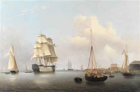 Two magnificent First Rates: HMS Trafalgar and HMS Queen lying off the Royal Dockyard at Sheerness, a pair (2) by Robert Strickland Thomas - Auction record, sale price, and art valuation. Compare with similar artists and explore comparable artworks.