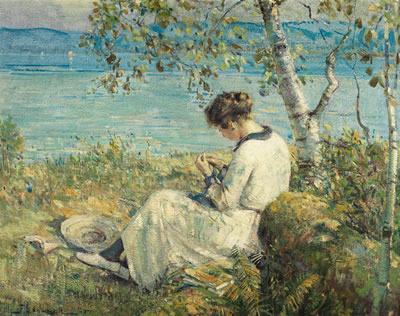 Sewing under the trees by Franklin (Peleg Franklin) Brownell - Auction record, sale price, and art valuation. Compare with similar artists and explore comparable artworks.