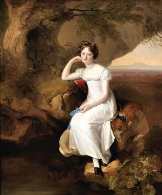 Portrait of Elizabeth Broadhead, later Lady Dashwood, full-length, in a white dress and seated beside a stream