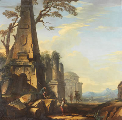 Figures before an obelisk, with ruins in the distance