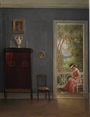 An elegant figure sewing on a terrace