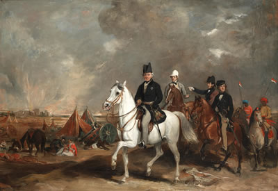 VISCOUNT HARDINGE OF LAHORE, GOVERNOR-GENERAL OF INDIA, ACCOMPANIED BY HIS TWO SONS AND HIS AIDE-DE-CAMP COLONEL WOOD, ON THE BATTLEFIELD AFTER THE VICTORY AT FEROZESHAH DURING THE FIRST ANGLO-SIKH WAR