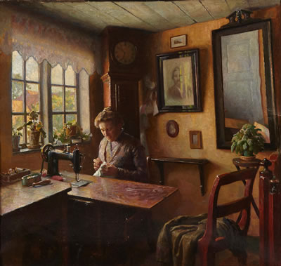 A cottage interior with a woman seated with her sewing machine