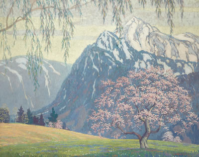 Snow-capped mountain and cherry tree