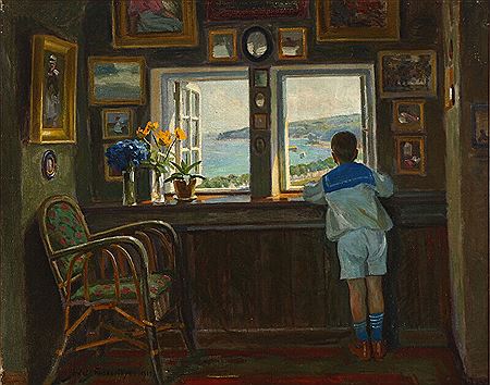 A boy watching a bay from a window.