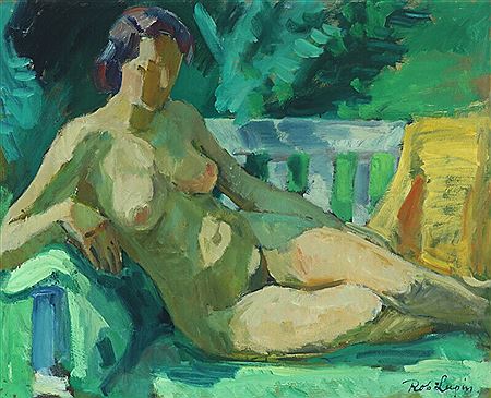 Nude woman on a bench in the green