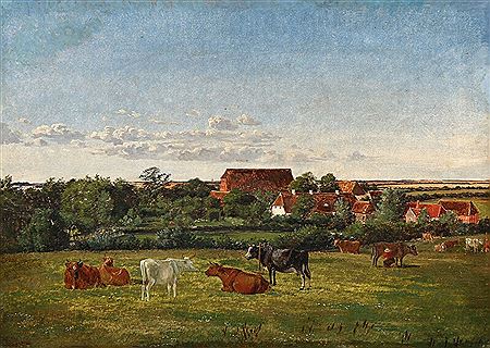 Summer landscape with grazing cattle.