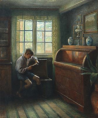 Interior with reading boy. by Bertel Hansen-Svaneke - Auction record, sale price, and art valuation. Compare with similar artists and explore comparable artworks.