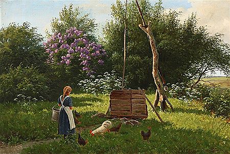 A girl feeding chickens by a well. by Alfred Larsen - Auction record, sale price, and art valuation. Compare with similar artists and explore comparable artworks.