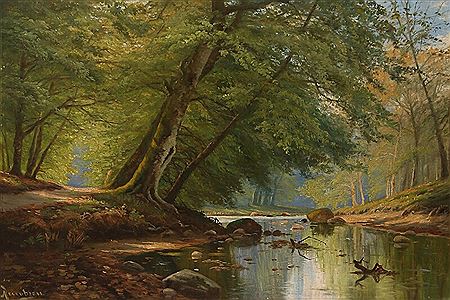 Forest scenery by a stream by A Jacobsen - Auction record, sale price, and art valuation. Compare with similar artists and explore comparable artworks.