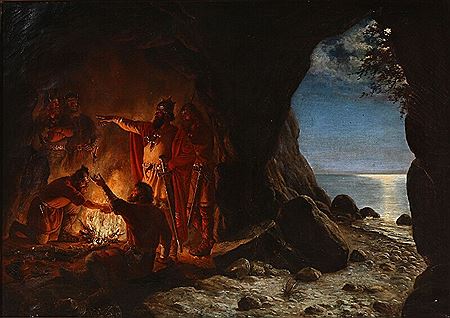 View from a cave with a group of vikings gathering around the fire. by Anker Niels Lund - Auction record, sale price, and art valuation. Compare with similar artists and explore comparable artworks.