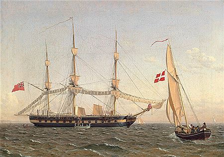 An English frigate at anchor, drying sails and a Danish pilot boat.
