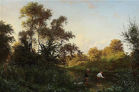 Landscape with boys fishing in a stream
