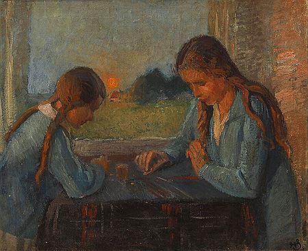 Interior with two girls playing board games