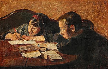 Homework in a living room.