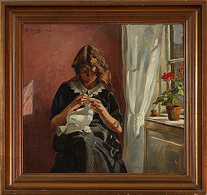 A young girl doing needlework by the window.
