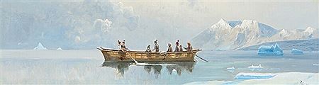 Greenlandic coastalscape with Inuits setting out in a boat. by Julius Andersen - Auction record, sale price, and art valuation. Compare with similar artists and explore comparable artworks.