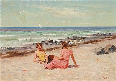 Beach view with young women sunbathing.