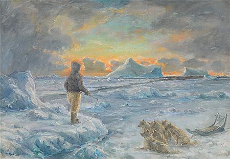 An Inuit hunter with his dog sled. by Peter Rosing - Auction record, sale price, and art valuation. Compare with similar artists and explore comparable artworks.
