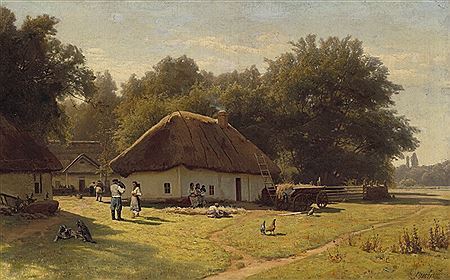 Russian landscape with peasants at a farmer's house in the forest outskirts