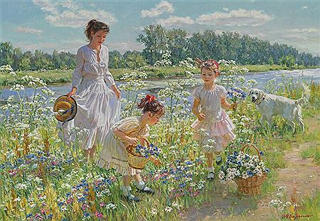 Russian summer landscape with three girls picking wild flowers on the meadow.