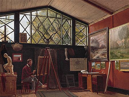 Vilhelm Kyhn sitting in front of the easel in his studio in Copenhagen
