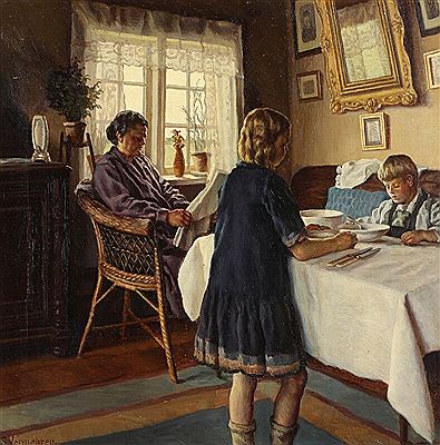 Interior with a woman reading the newspaper while the childen eat