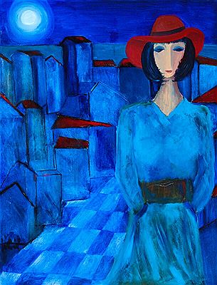 Townscape with a woman wearing a red hat