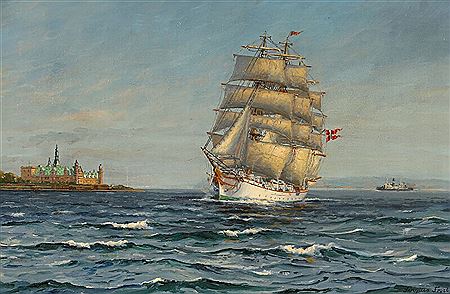 Seascape with the training vessel “Danmark” off the coast of Kronborg Castle.