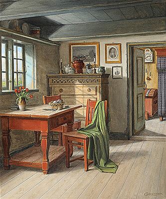 Danish folklore interior with the sewing materials on the table