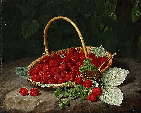 Still life with raspberries in a basket