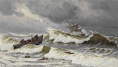 The lifeboat goes out into the sea at Skagen in a severe gale.