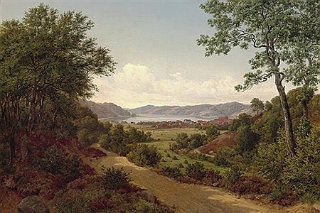 View of Vejle and Vejle Fiord. In the foreground farmers on the fields, in the background a hilly landscape