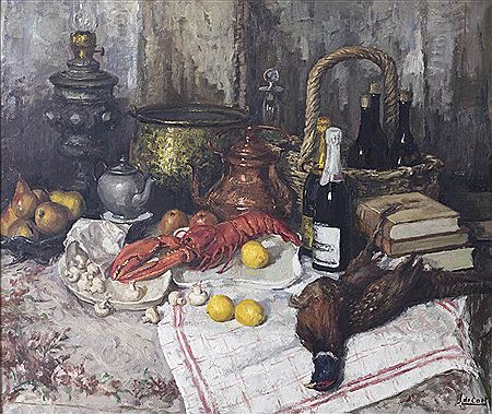 Still life with lobster and pheasant on the table with vegetables, fruit, wine and kitchen utensils by Juul De Cort - Auction record, sale price, and art valuation. Compare with similar artists and explore comparable artworks.