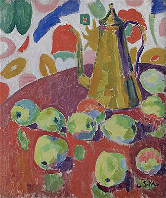Still life with copper coffee pot and apples on the table
