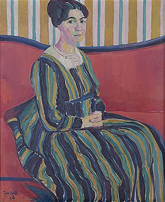 Portrait of a lady in striped dress in red seat, 1918