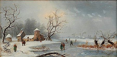 Frozen river landscape with skaters by Auguste Vyaret - Auction record, sale price, and art valuation. Compare with similar artists and explore comparable artworks.