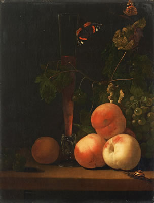 Still life with glass, peaches, butterflies and a snail.