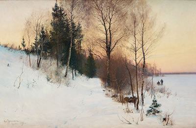Winter landscape with fishermen.