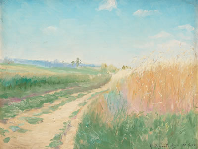 "Byväg. Grez" (Village road, Grez, scene from France).