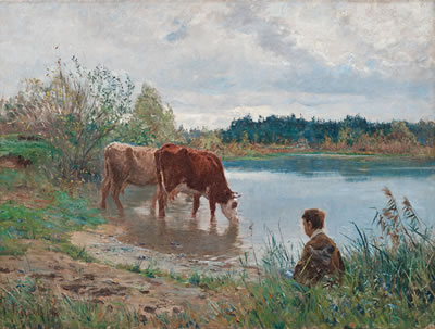 Landscape with cows and shepherd by the water, scene from Grez-sur-Loing