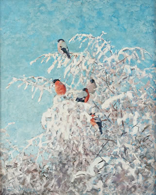 Winter landscape with bullfinches