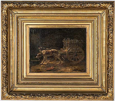 Two large dogs pulling a wooden cart in a barn setting