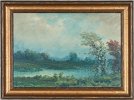 Springtime river scene with verdant river banks and budding trees