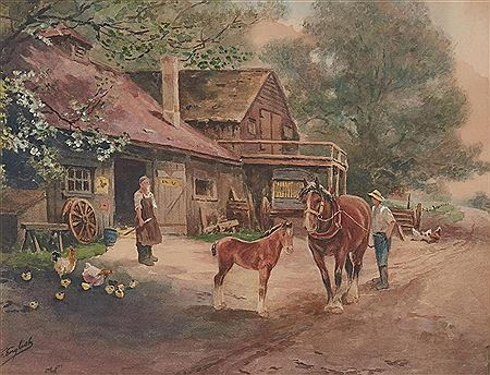 A blacksmith standing outside his workshop and facing a young man standing on a dirt road with a horse, a foal, and several chickens; trees in the background