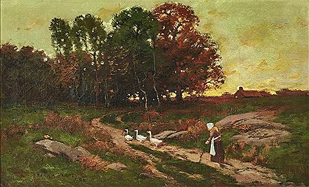 Landscape with an elderly woman with a cane following three geese up a country road before a copse of trees, with a farmhouse in the distance below a hazy late afternoon sky