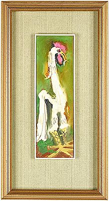 White rooster against a brown/green background