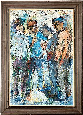Four standing male figures in working class clothing