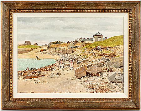 Two girls in pink dresses and hats on a rocky shore, with a village in the background